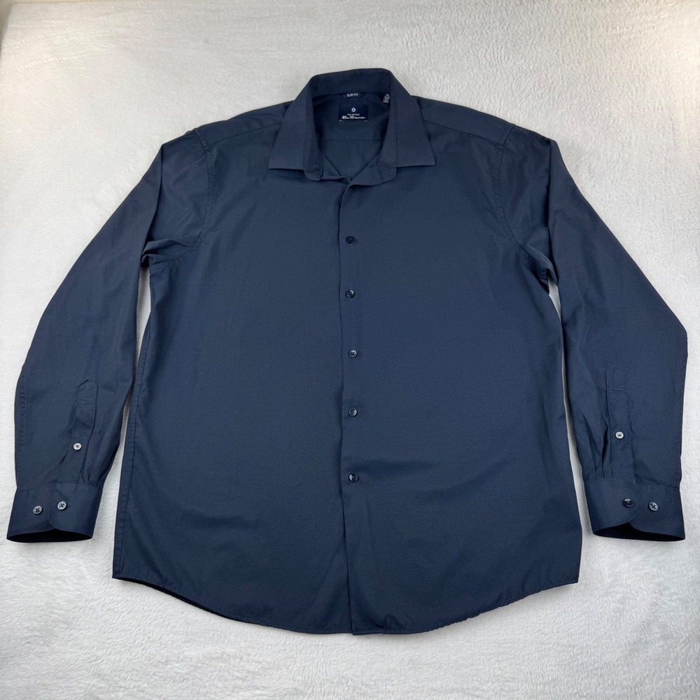 Ben Sherman Button Down Shirt Mens XL Navy Blue Slim Fit Micro Texture Long Slv